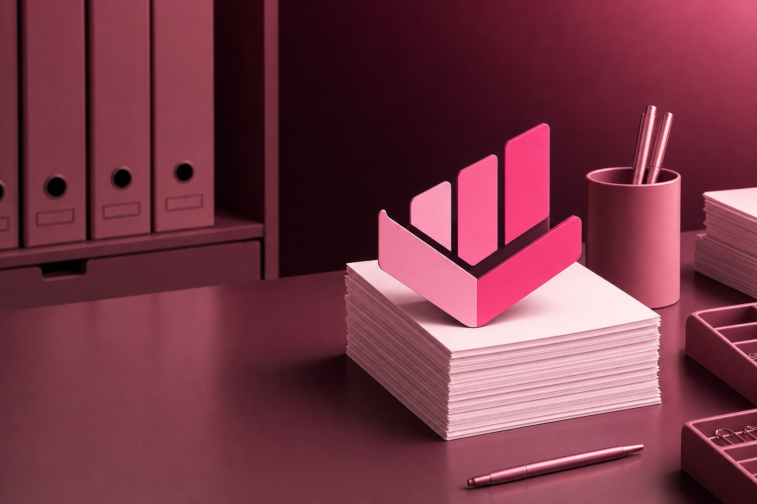 The Ledger emblem resting on a stack of pink paper on a desk beside binders and a pen cup